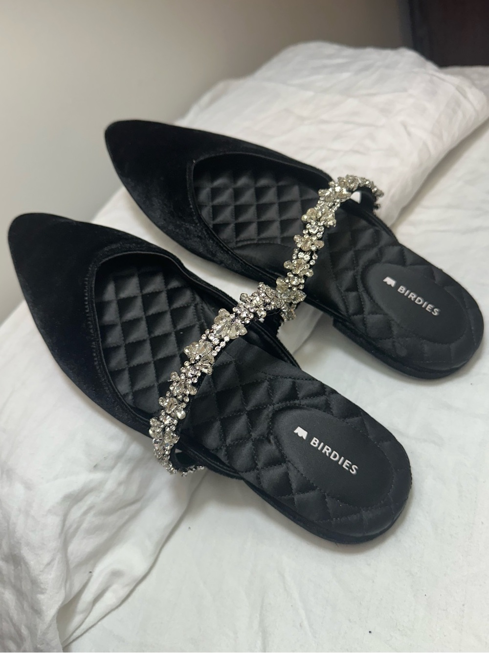 Lk new Birdies velvet  mules black caviar  9 the Swan velvet gem bracelet flats